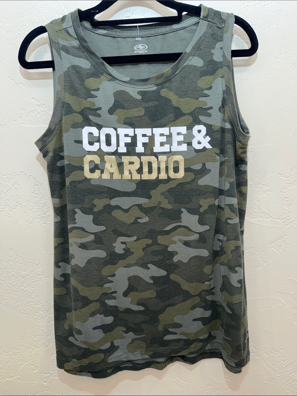 Athletic Works Coffee & Cardio Camo Graphic Tank Top Small Gym Workout‎